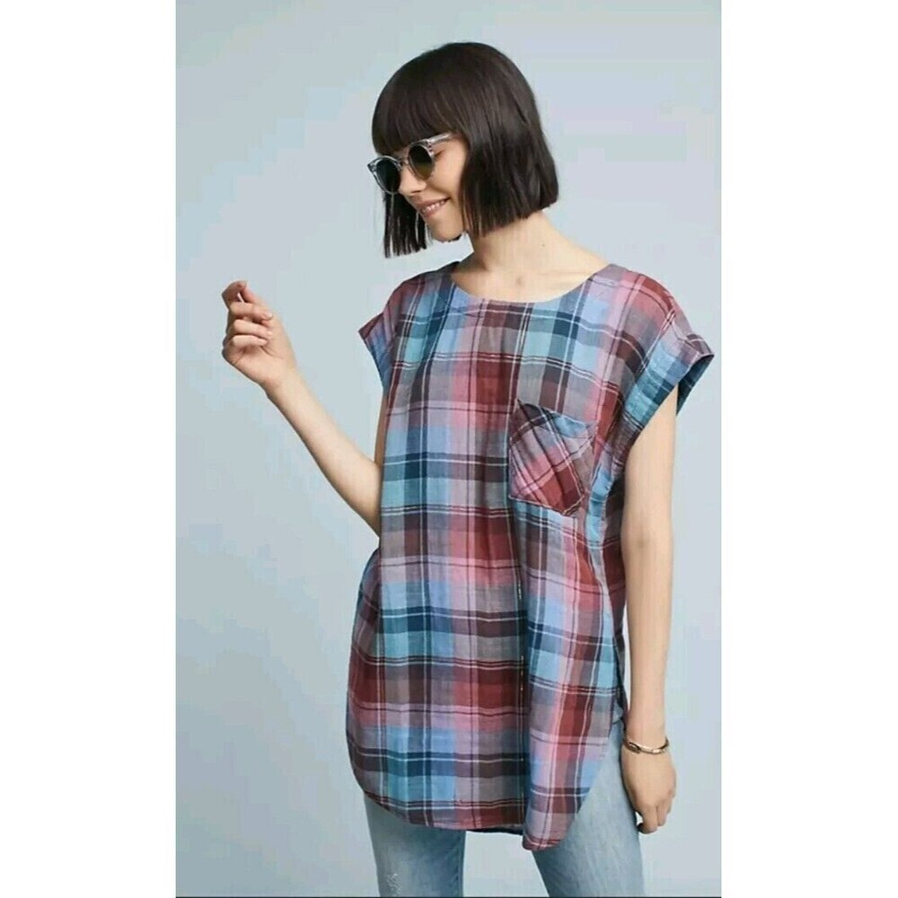 Anthropologie Cloth & Stone Plaid Tunic Top Blue‎ Red Metallic Accent Cap Sleeve